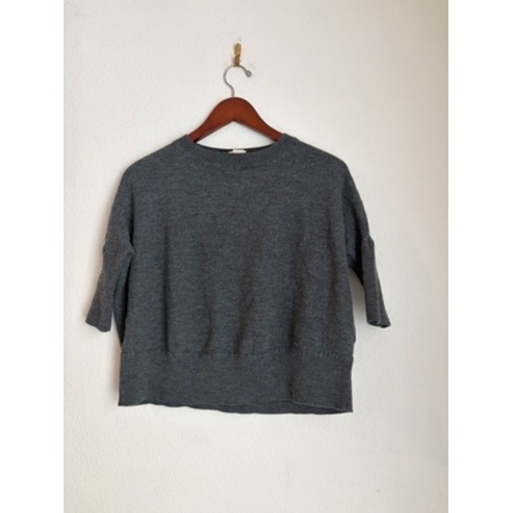 Anthropologie Grey Wool Blend Cropped Knit Sweater 3/4 Sleeve SP